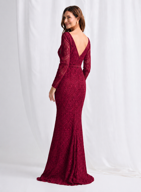 Long Sleeved Lace Dress With Sheer Neckline 831