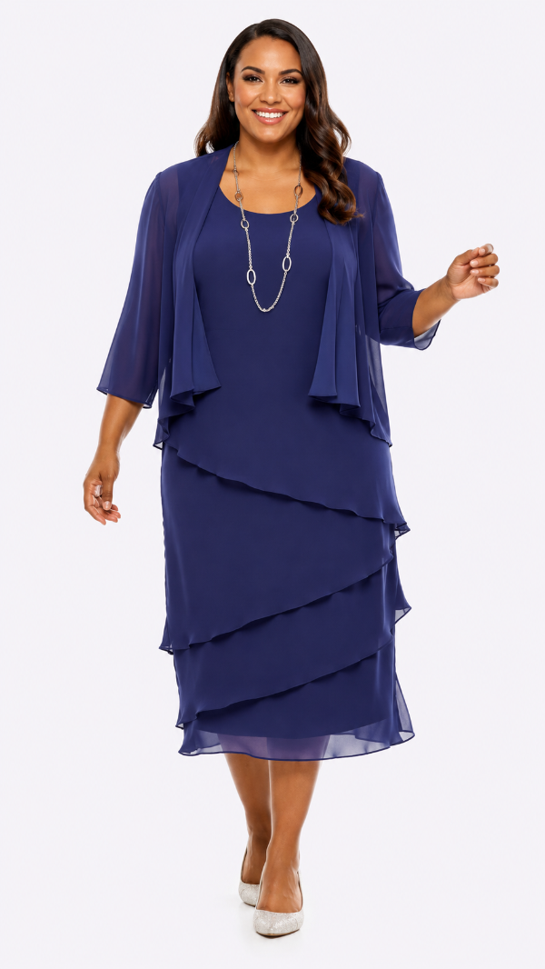 Chiffon Layered Midi Dress and Long Sleeved Jacket 504