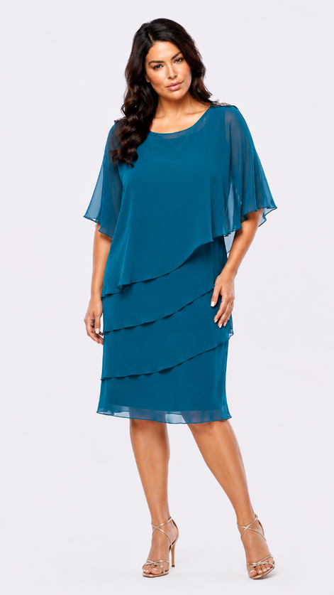 Knee Length Chiffon Layered Dress with Overlay 1577
