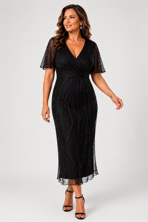 Cocktail Length Stretch Mesh Beaded Dress 850