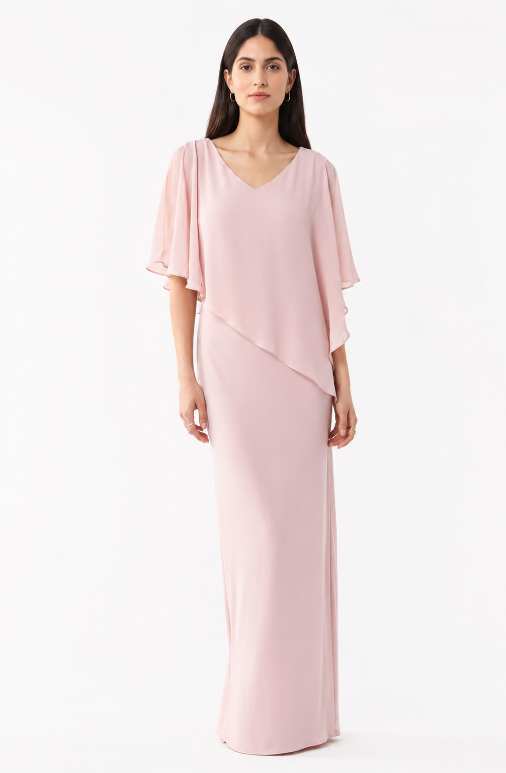 Silky Knit Chiffon Layered Gown with Cape 393