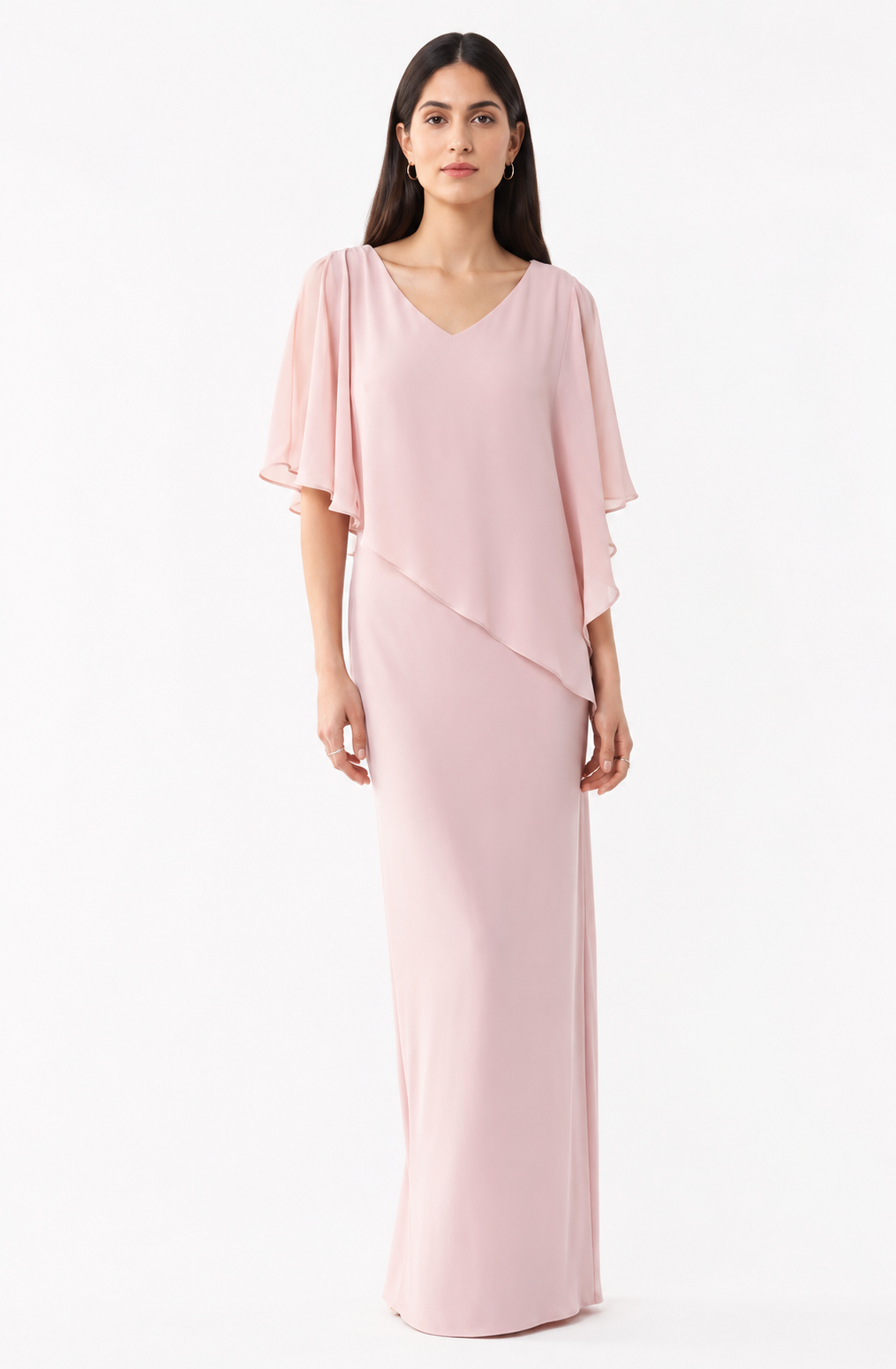 Silky Knit Chiffon Layered Gown with Cape 393