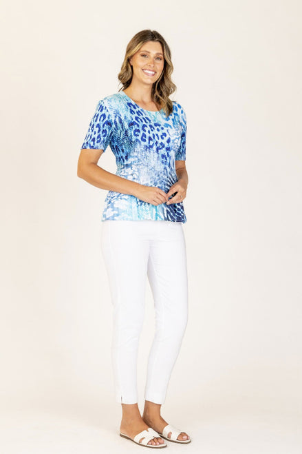 Printed Plisse Pleated Top With Short Sleeve