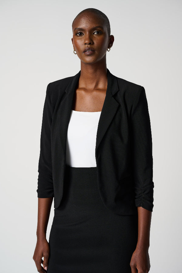 Open Blazer Collar Jacket with Ruched Sleeves 896