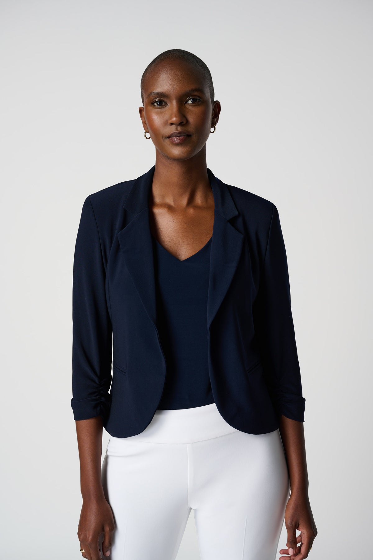 Open Blazer Collar Jacket with Ruched Sleeves 896
