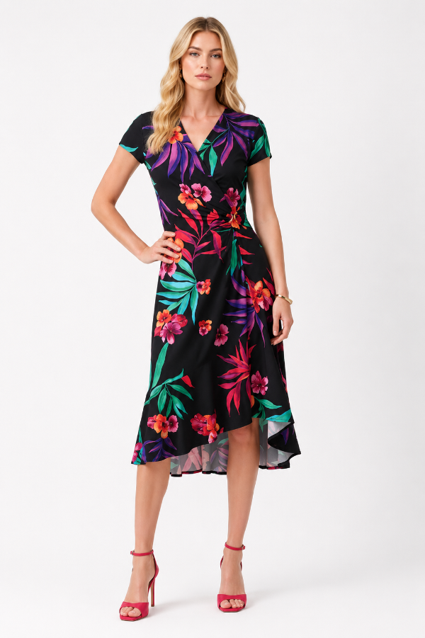 Silky Knit Tropical Print Wrap Dress 1592