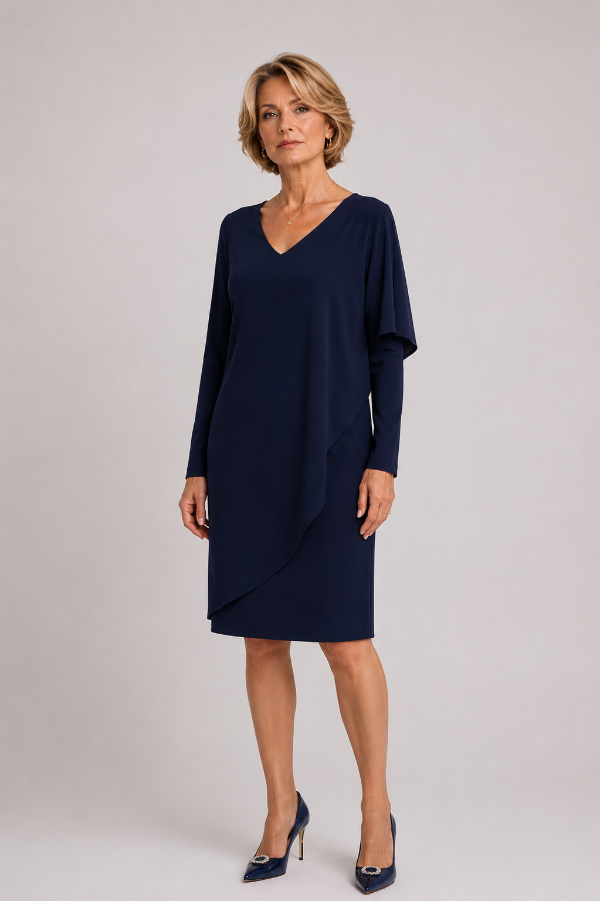 Knee-length Shift Dress With Draped V-neck 1546