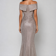 Long Shimmering Off Shoulder Dress with Cascading Frill 848