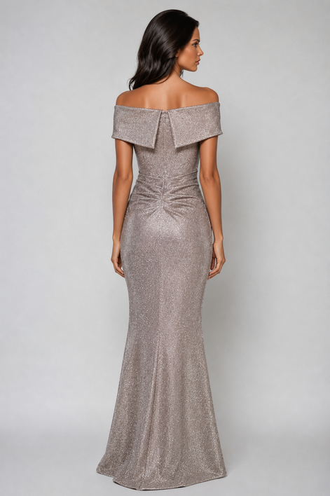 Long Shimmering Off Shoulder Dress with Cascading Frill 848