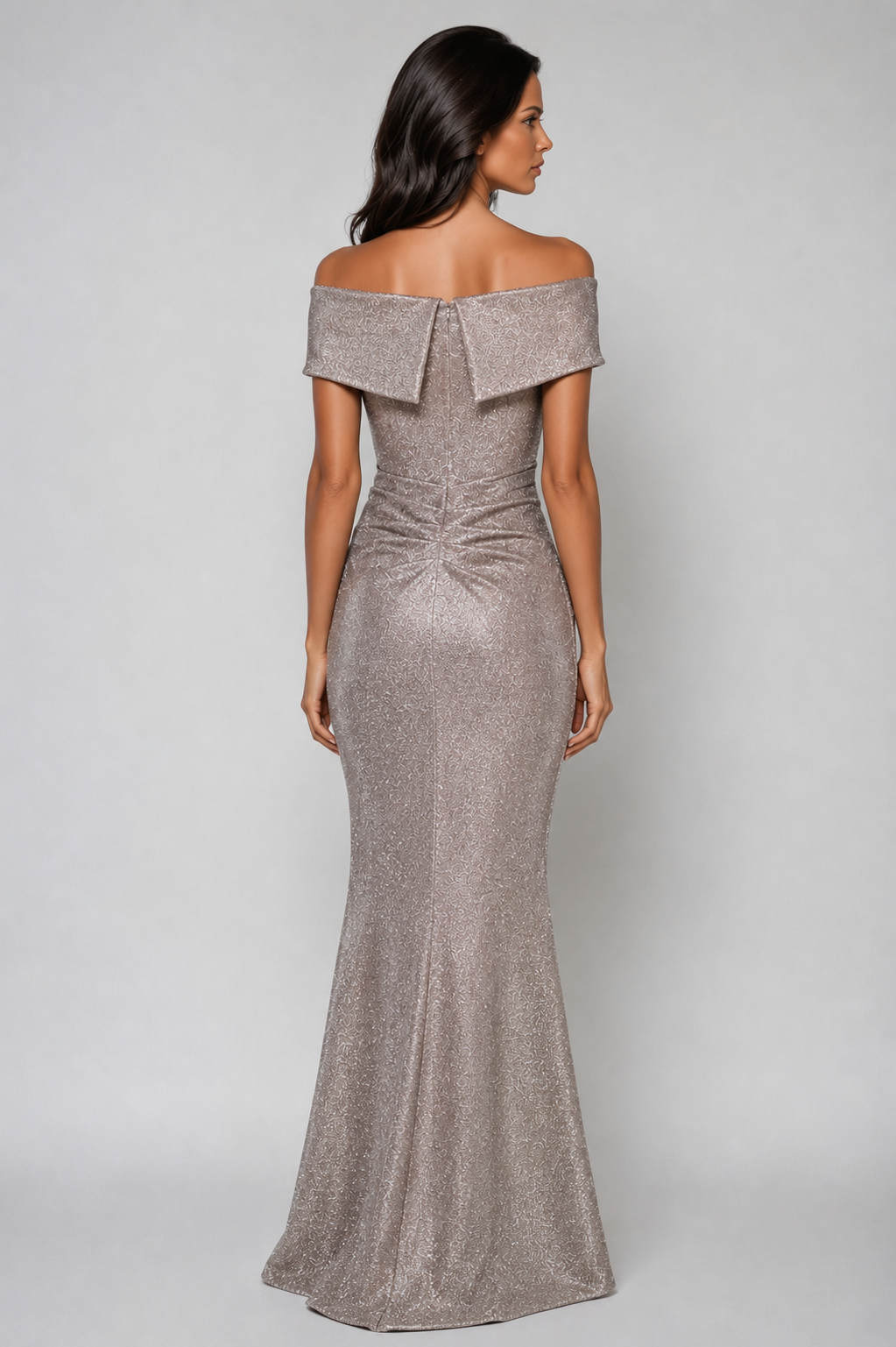 Long Shimmering Off Shoulder Dress with Cascading Frill 848