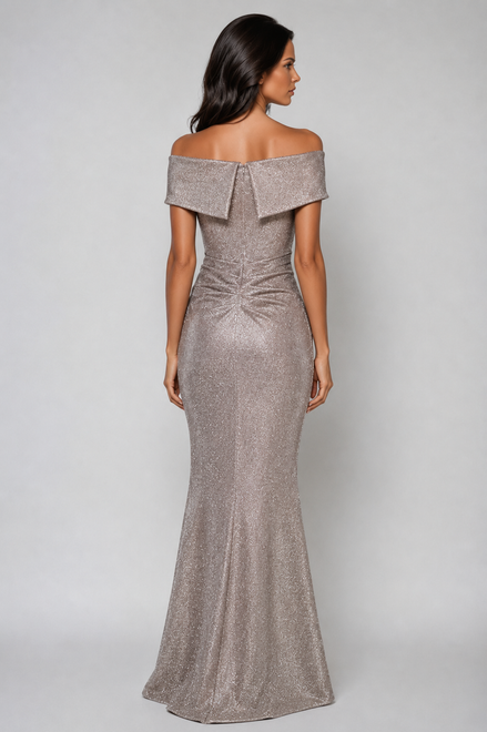 Long Shimmering Off Shoulder Dress with Cascading Frill 848