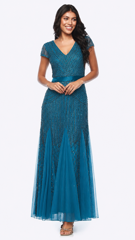 Long Cap Sleeve Beaded Dress 414