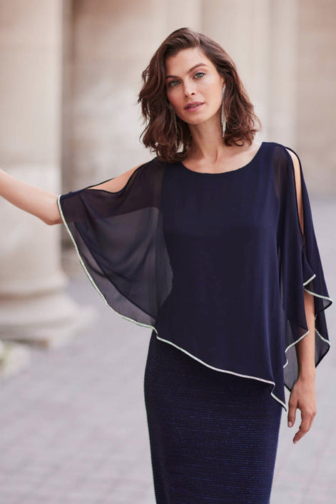 Knee-Length Dress with Rhinestone Trim Overlay