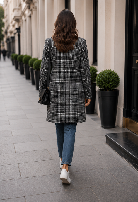 Knee Length Plaid Coat with Deep V-Neck and Pockets 44
