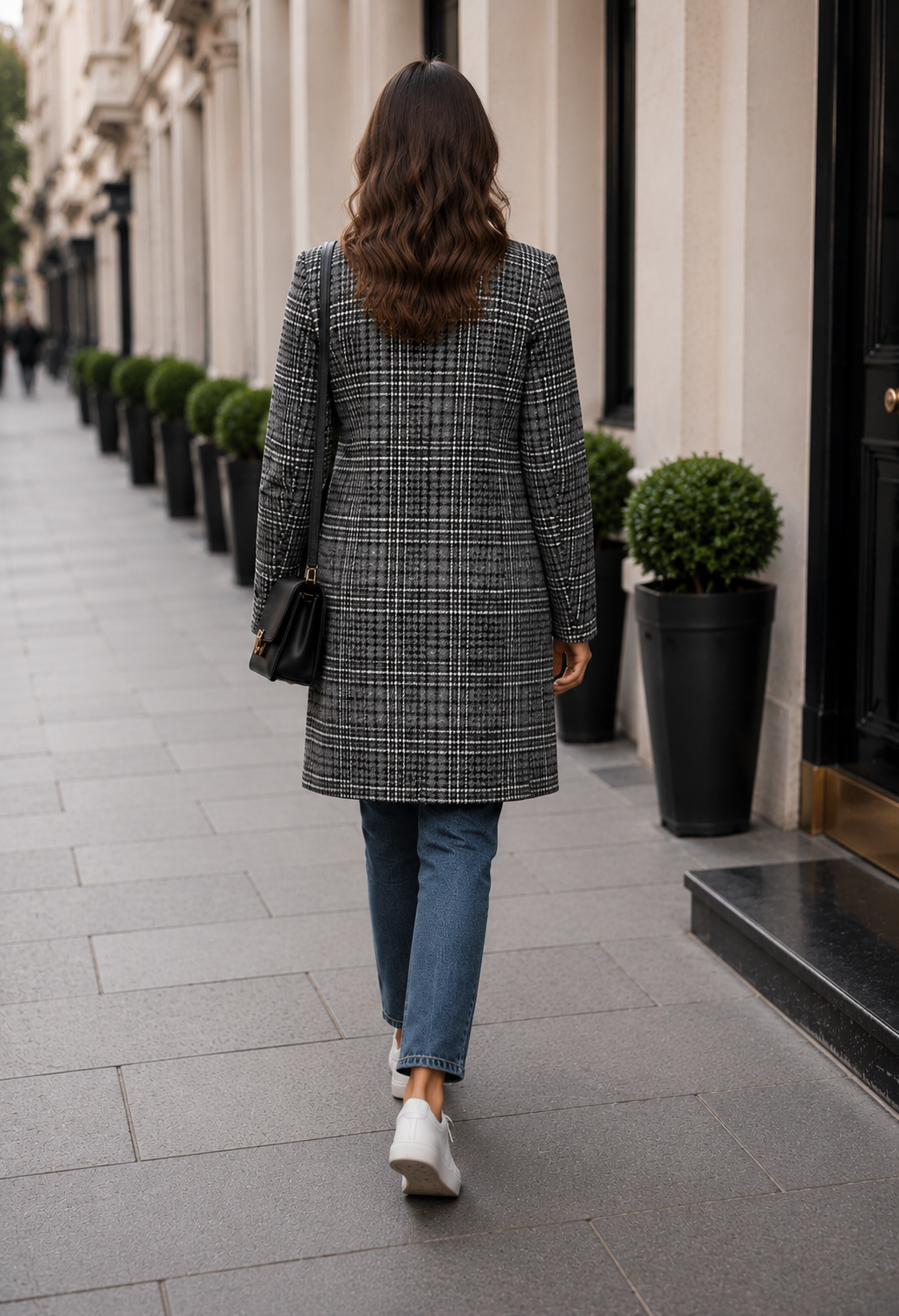 Knee Length Plaid Coat with Deep V-Neck and Pockets 44