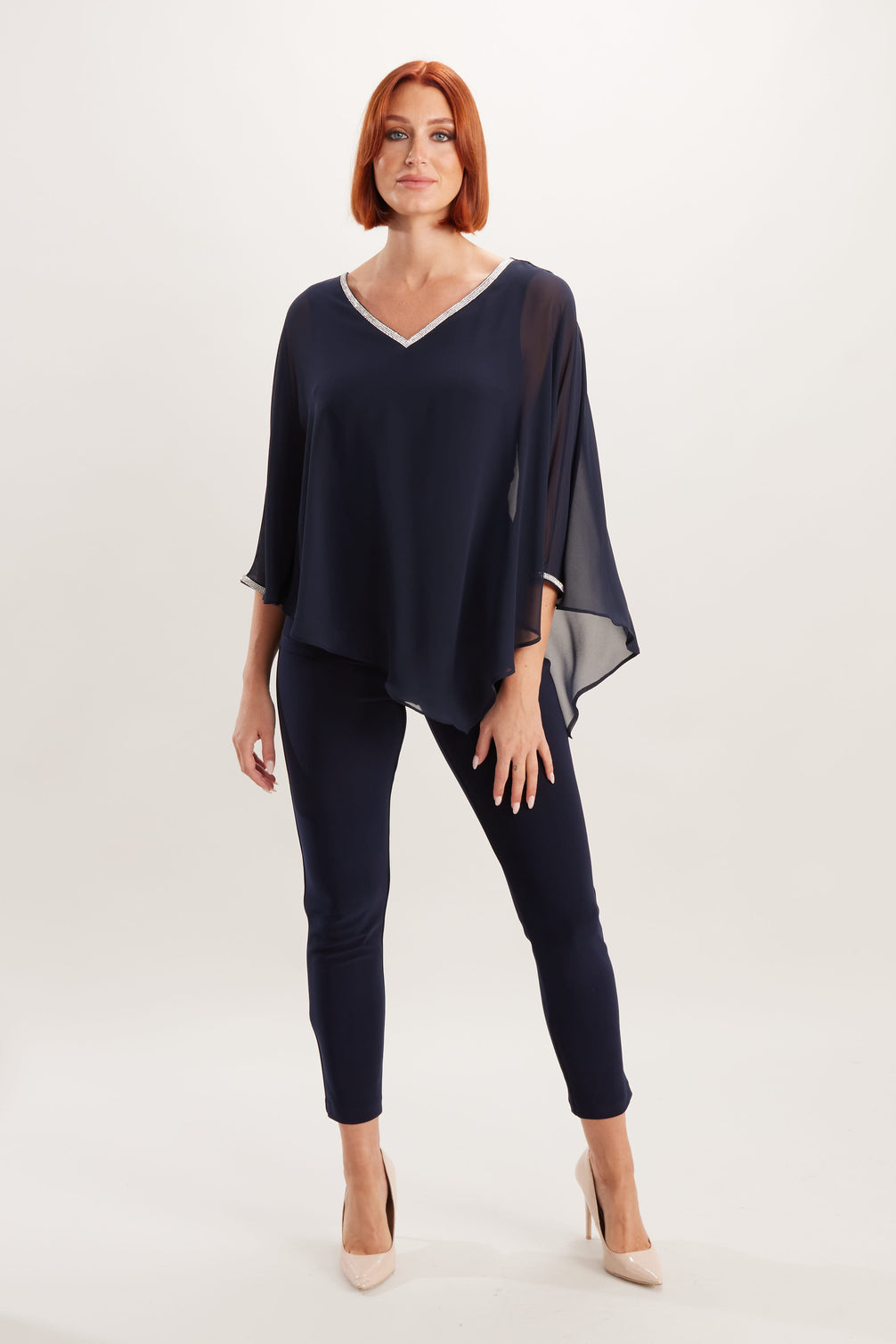 V Neck Diamante Trim Bat Wing Top 858