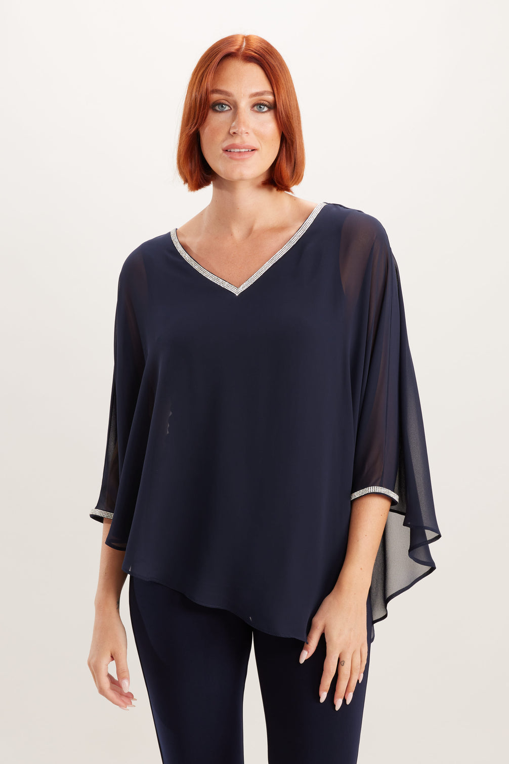 V Neck Diamante Trim Bat Wing Top 858