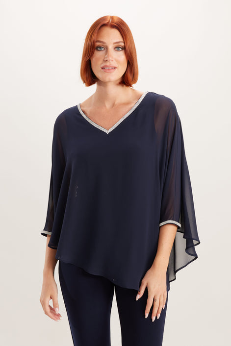 V Neck Diamonte Trim Bat Wing Top