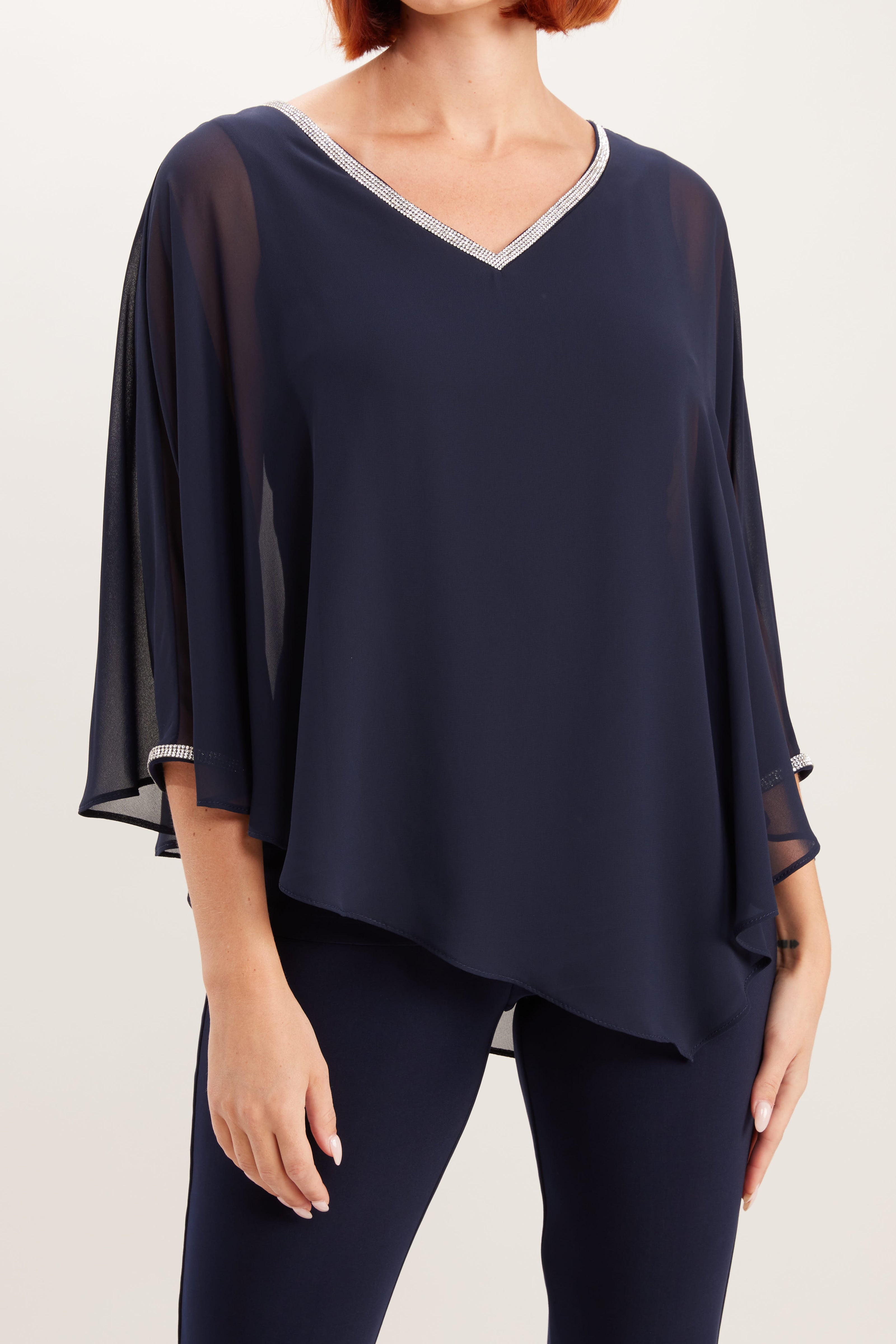 V Neck Diamonte Trim Bat Wing Top