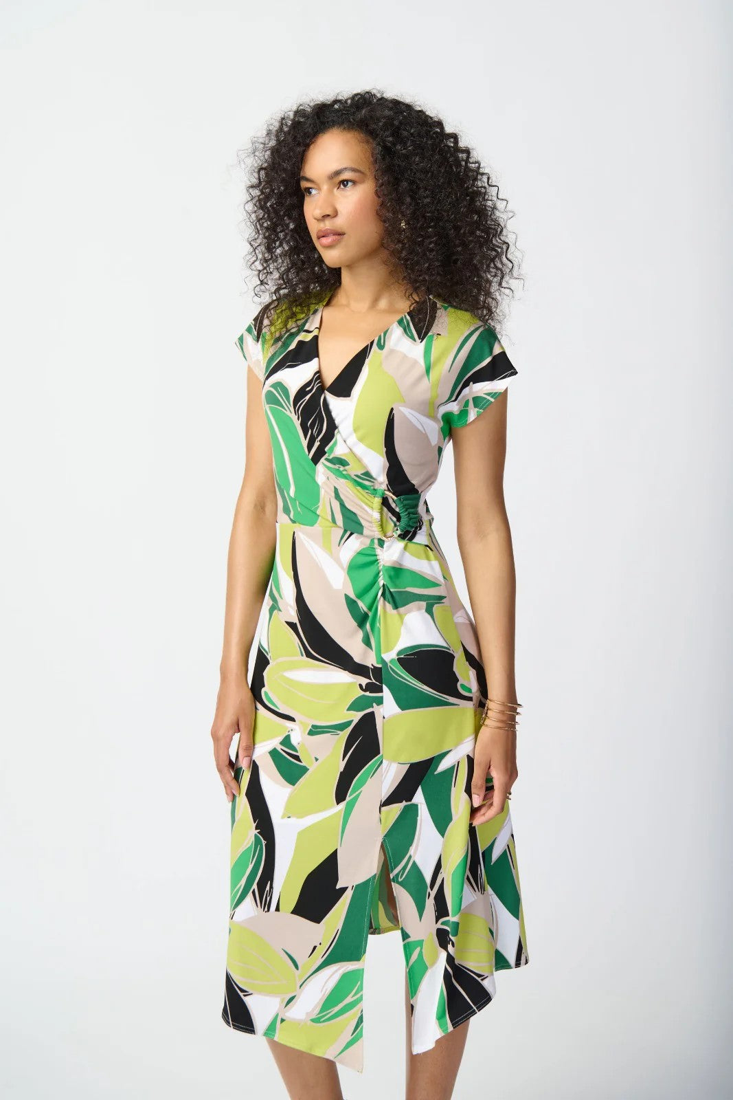 Tropical Print V-Neck Front Slit A-Line Dress