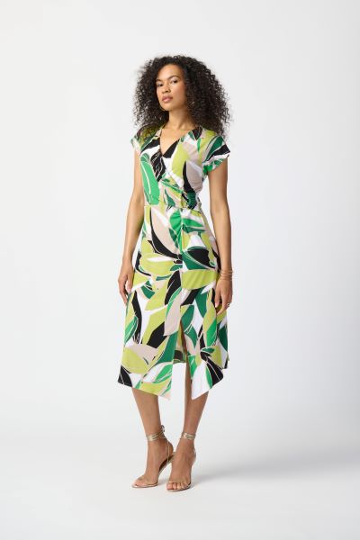 Tropical Print V-Neck Front Slit A-Line Dress