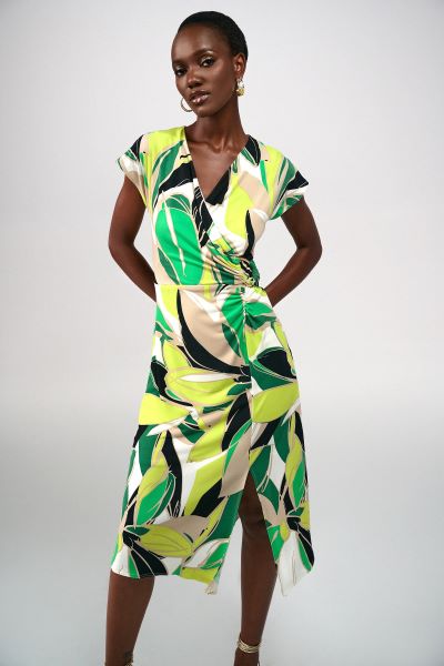 Tropical Print V-Neck Front Slit A-Line Dress