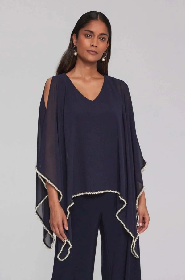 Chiffon and Silky Knit Poncho Top with Pearl Trim