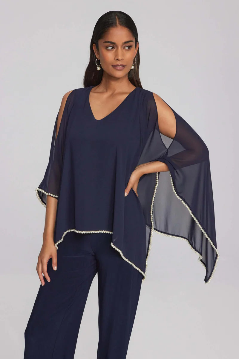 Chiffon and Silky Knit Poncho Top with Pearl Trim