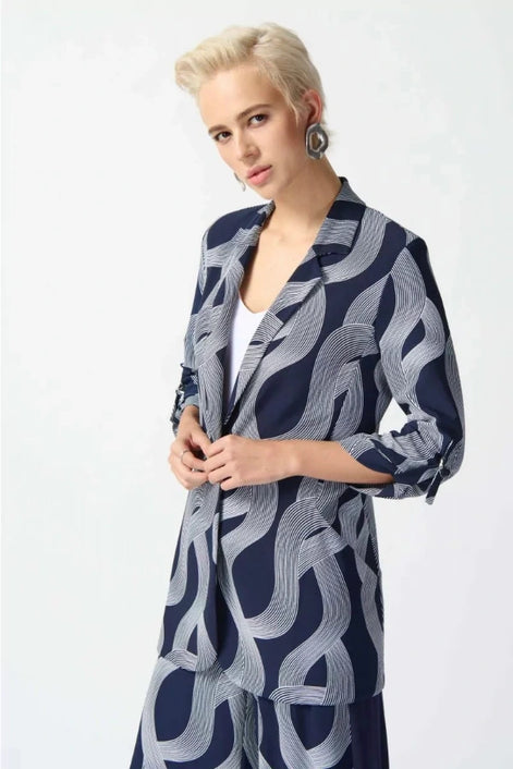 Abstract Longline Blazer with Ruched Sleeve