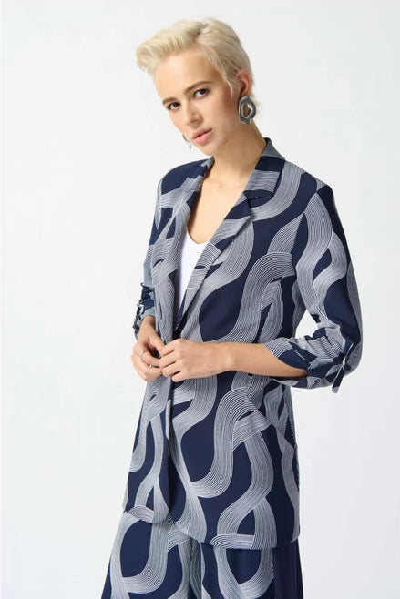 Abstract Longline Blazer with Ruched Sleeve