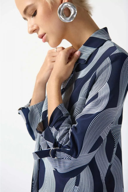 Abstract Longline Blazer with Ruched Sleeve