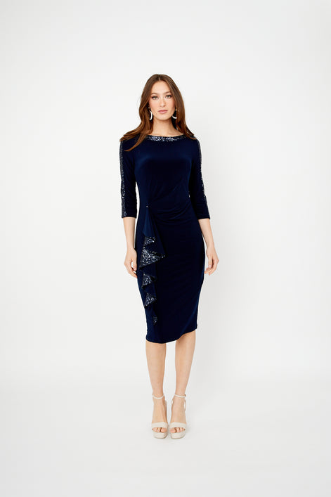 Silky Knit And Sequins Ruffle Sheath Dress