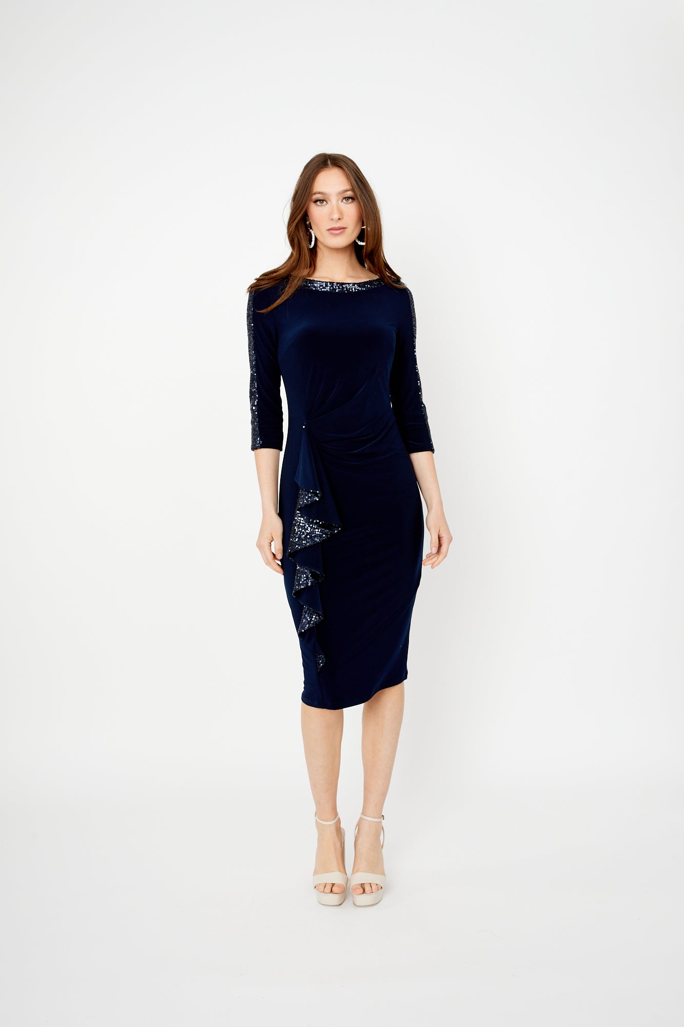 Silky Knit And Sequins Ruffle Sheath Dress