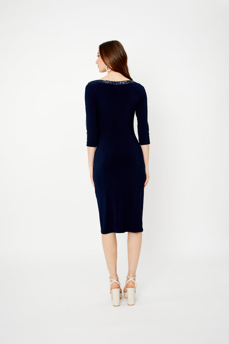 Silky Knit And Sequins Ruffle Sheath Dress