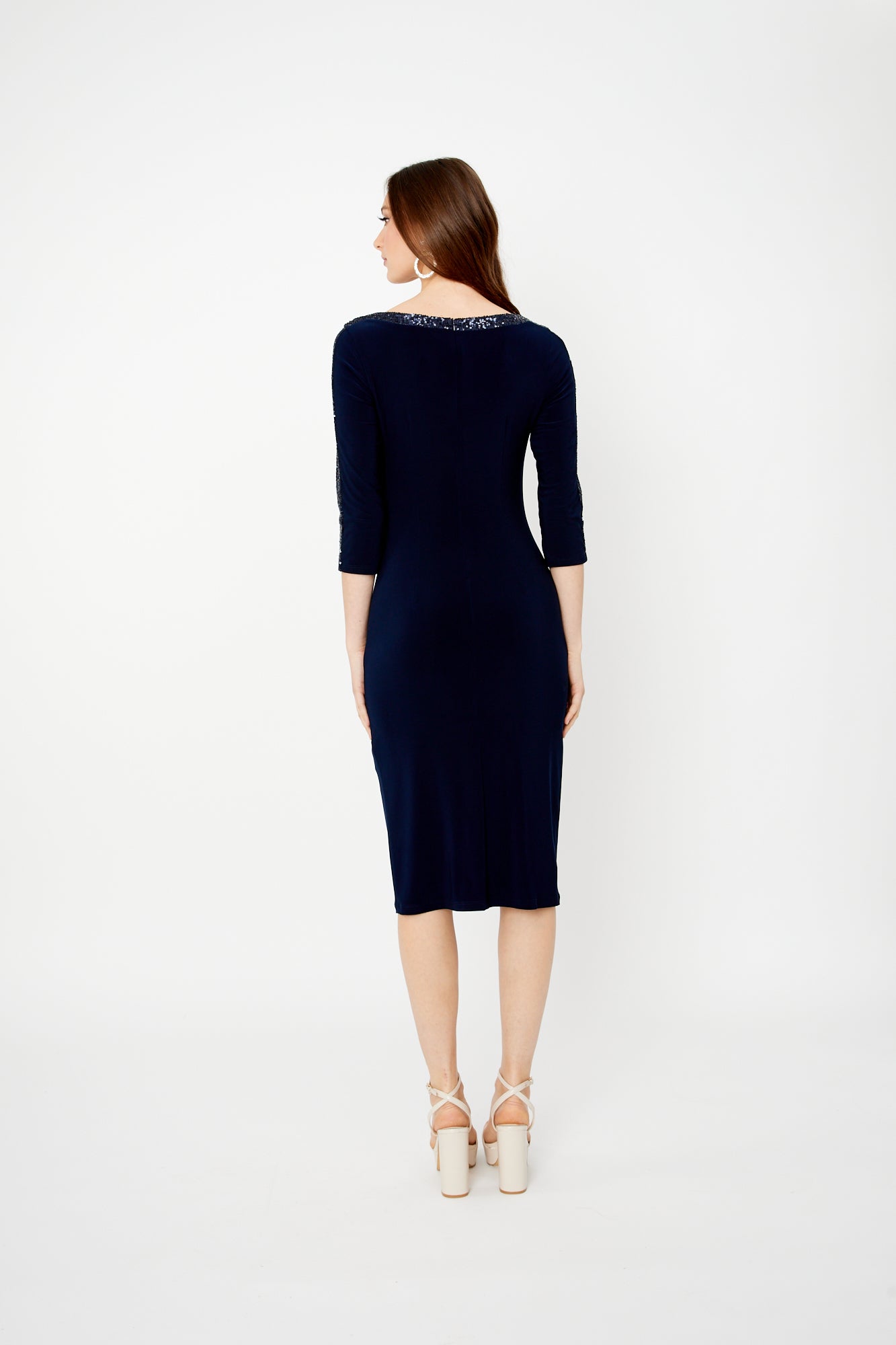 Silky Knit And Sequins Ruffle Sheath Dress