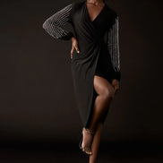 Beaded Sleeve Chiffon Wrap Dress 1525