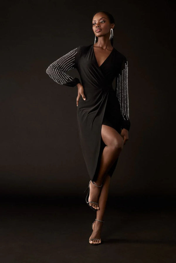 Beaded Sleeve Chiffon Wrap Dress 1525