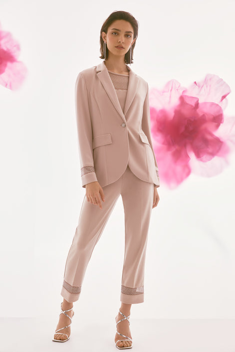 Sand Rhinestone Mesh Detail Blazer