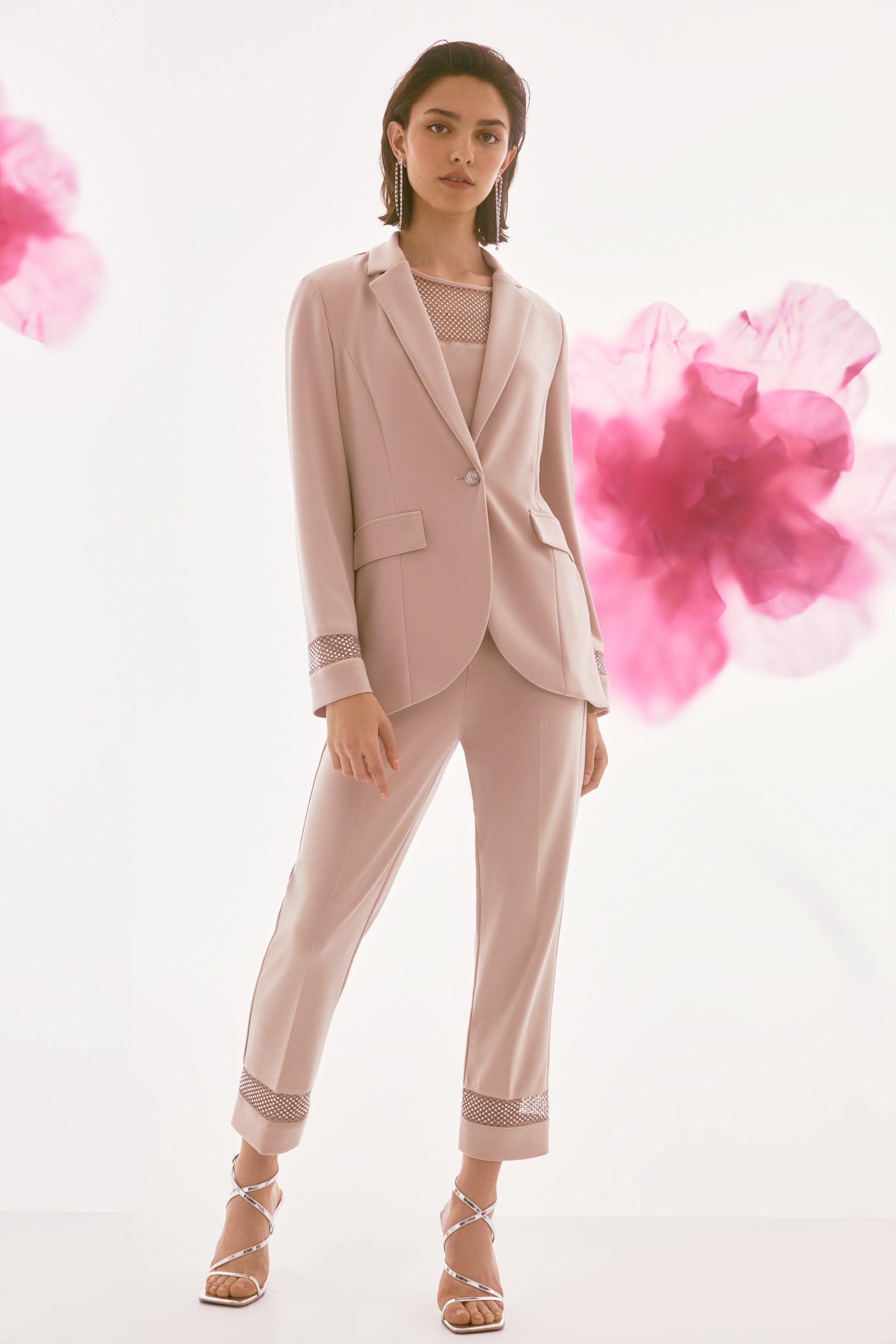 Sand Rhinestone Mesh Detail Blazer