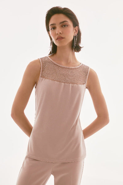 Sand Rhinestone Mesh Top