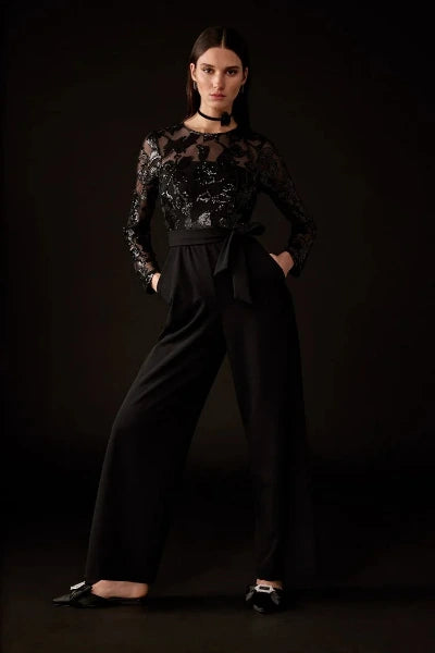 Long Sleeved Sequined Brocade Jumpsuit