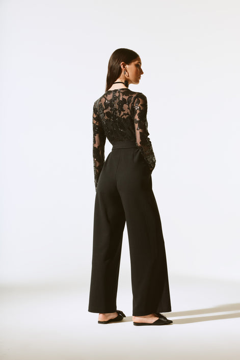 Long Sleeved Sequined Brocade Jumpsuit