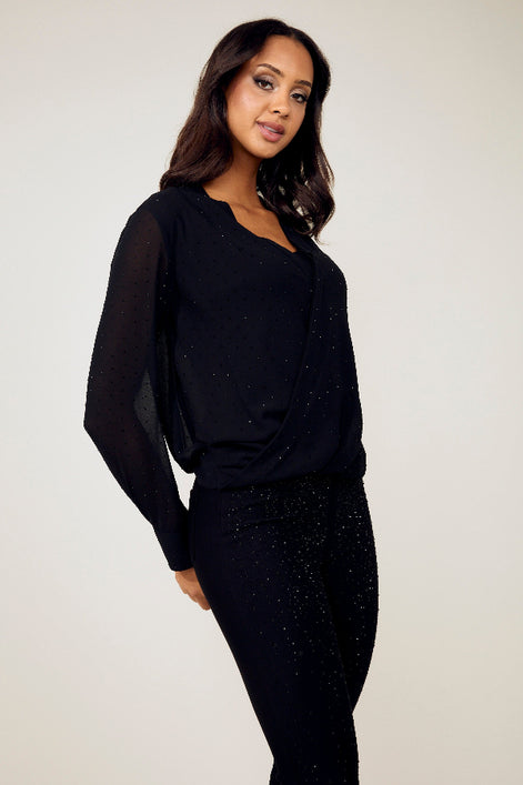 Long Sleeved Embellished Wrap Blouse 934
