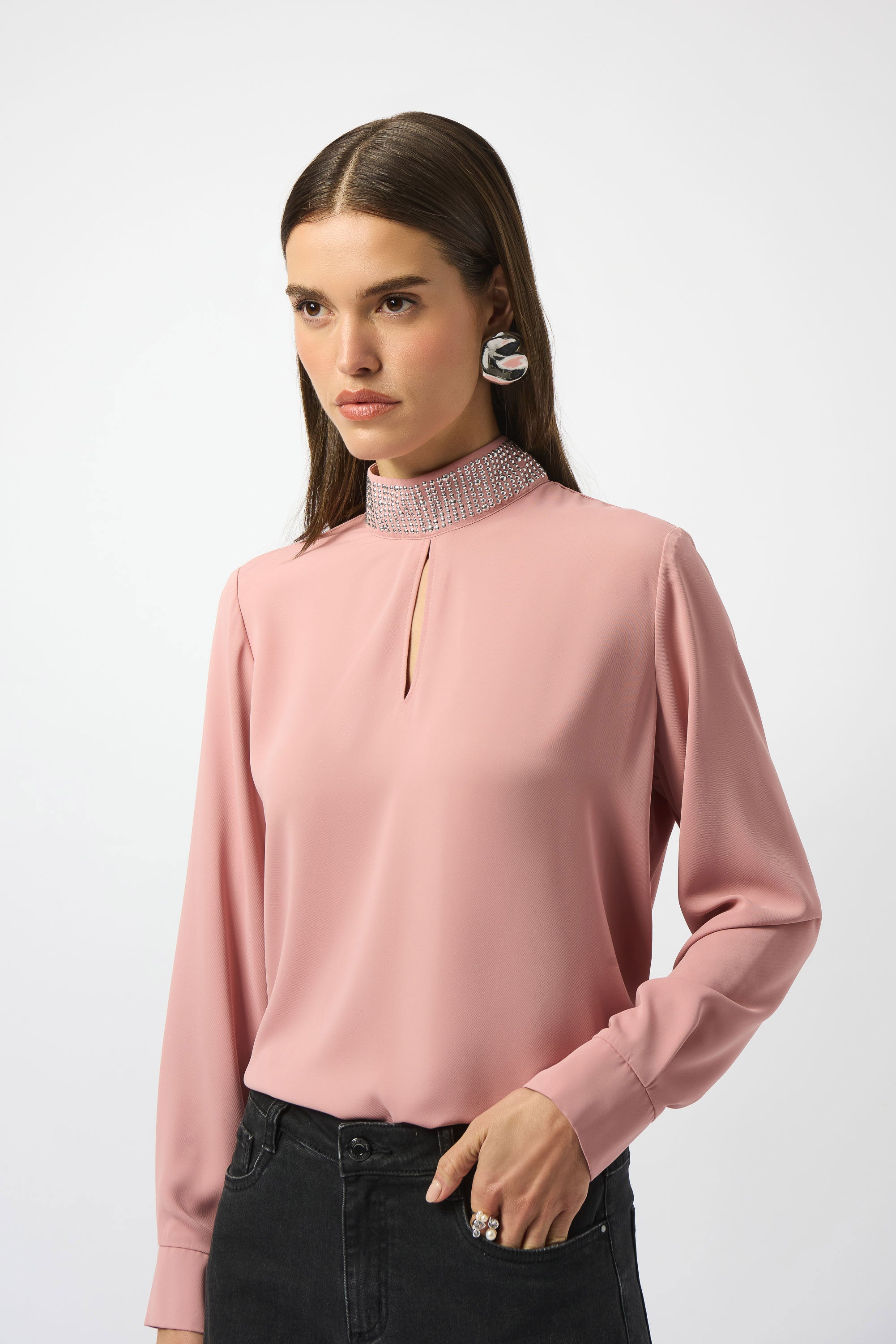 Soft Twill Top With Embellished Collar