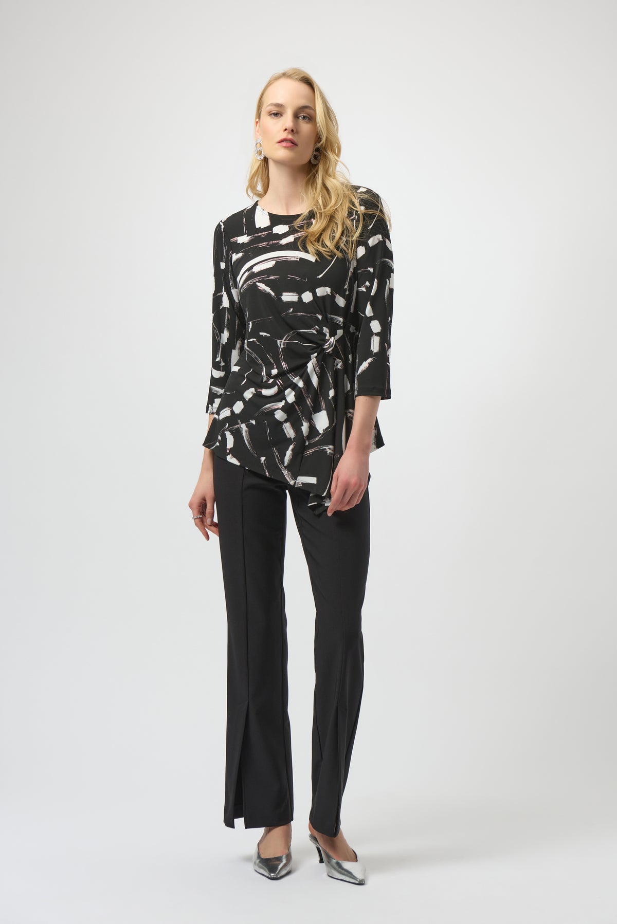 Abstract Printed Silky Asymmetric Knit Top 666