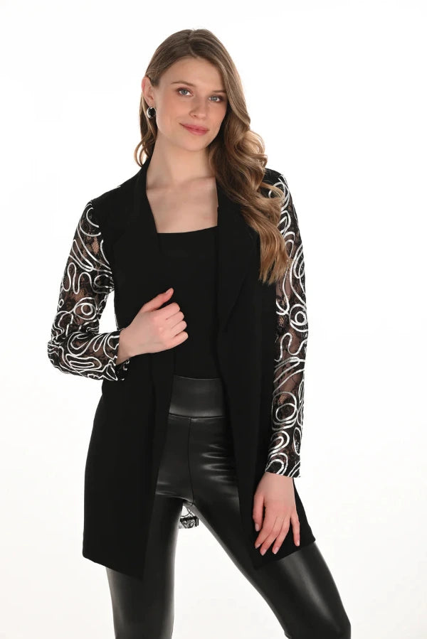 Long Lace Sleeve Jacket with Lapel Collar