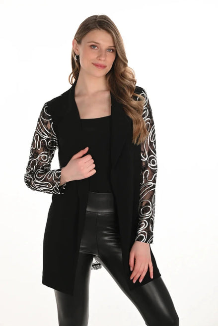 Long Lace Sleeve Jacket with Lapel Collar