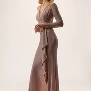 Shimmering Silky Knit Long Sleeved Trumpet Dress 648