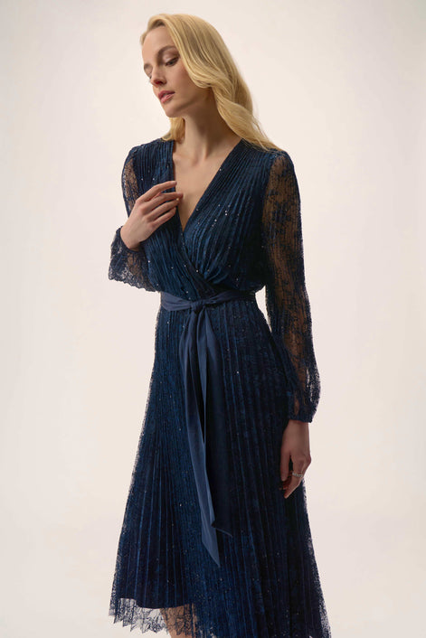 Sequined Pleated Lace Fit and Flare Dress