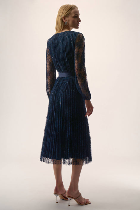 Sequined Pleated Lace Fit and Flare Dress